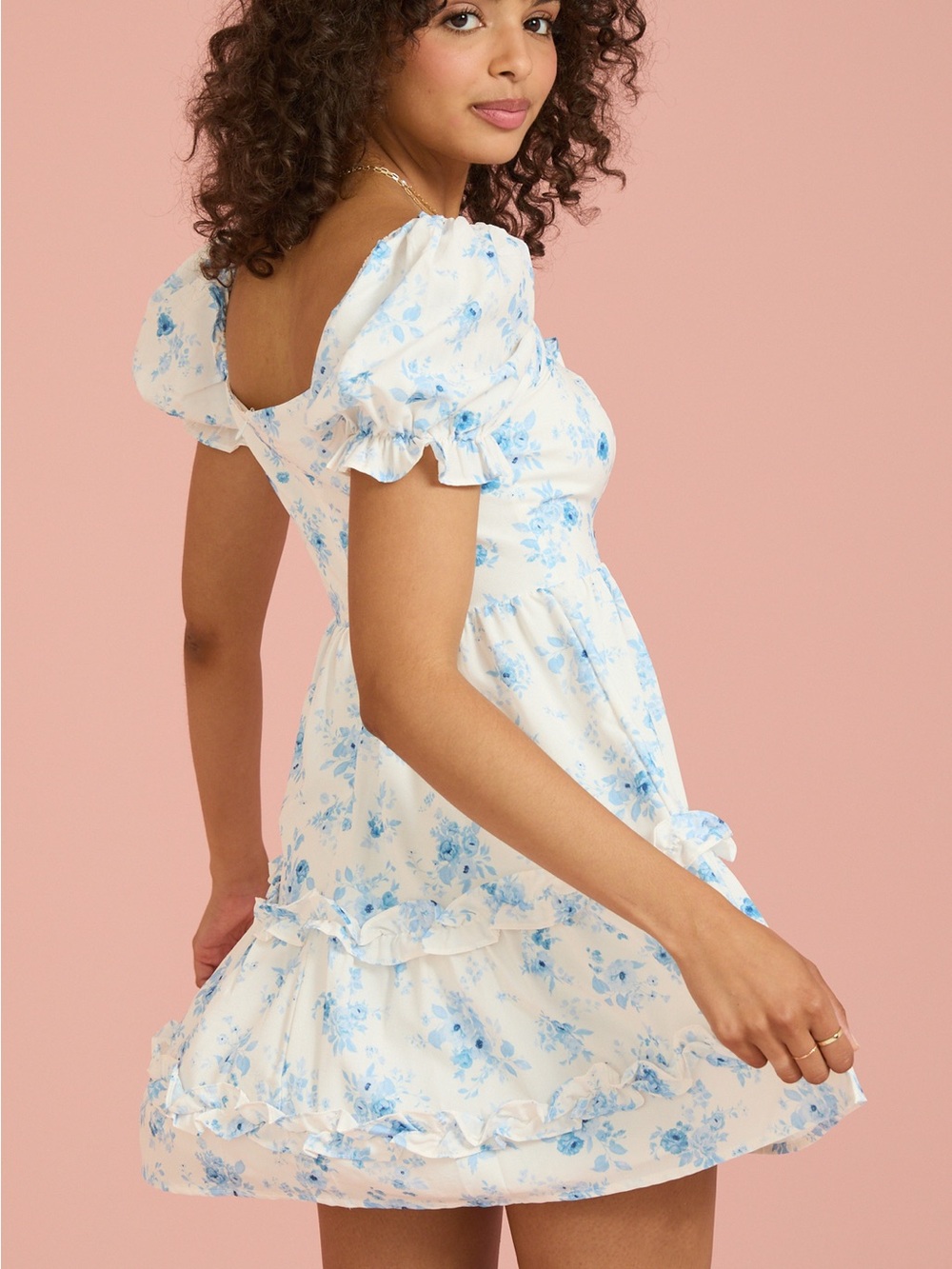NWOT Altar'd State floral mini dress with ruffle accents and puff sleeves